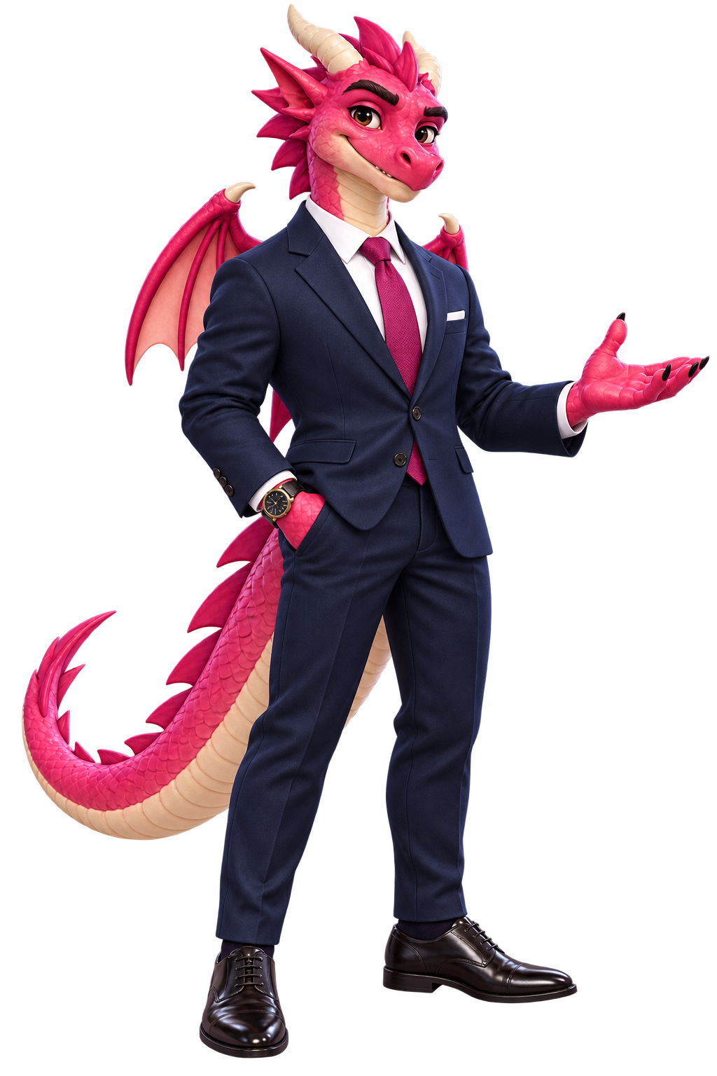 Dravo, dragão rosa de terno azul escuro e gravata rosa, apresentando a plataforma